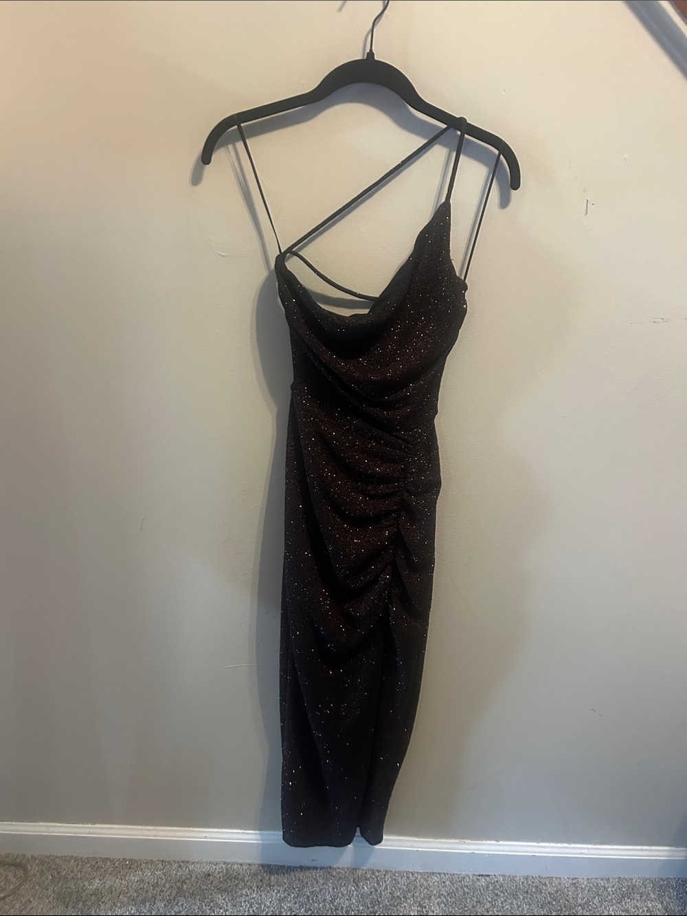 Windsor Black Sparkle Cowl Midi Dress with Crisscross Straps